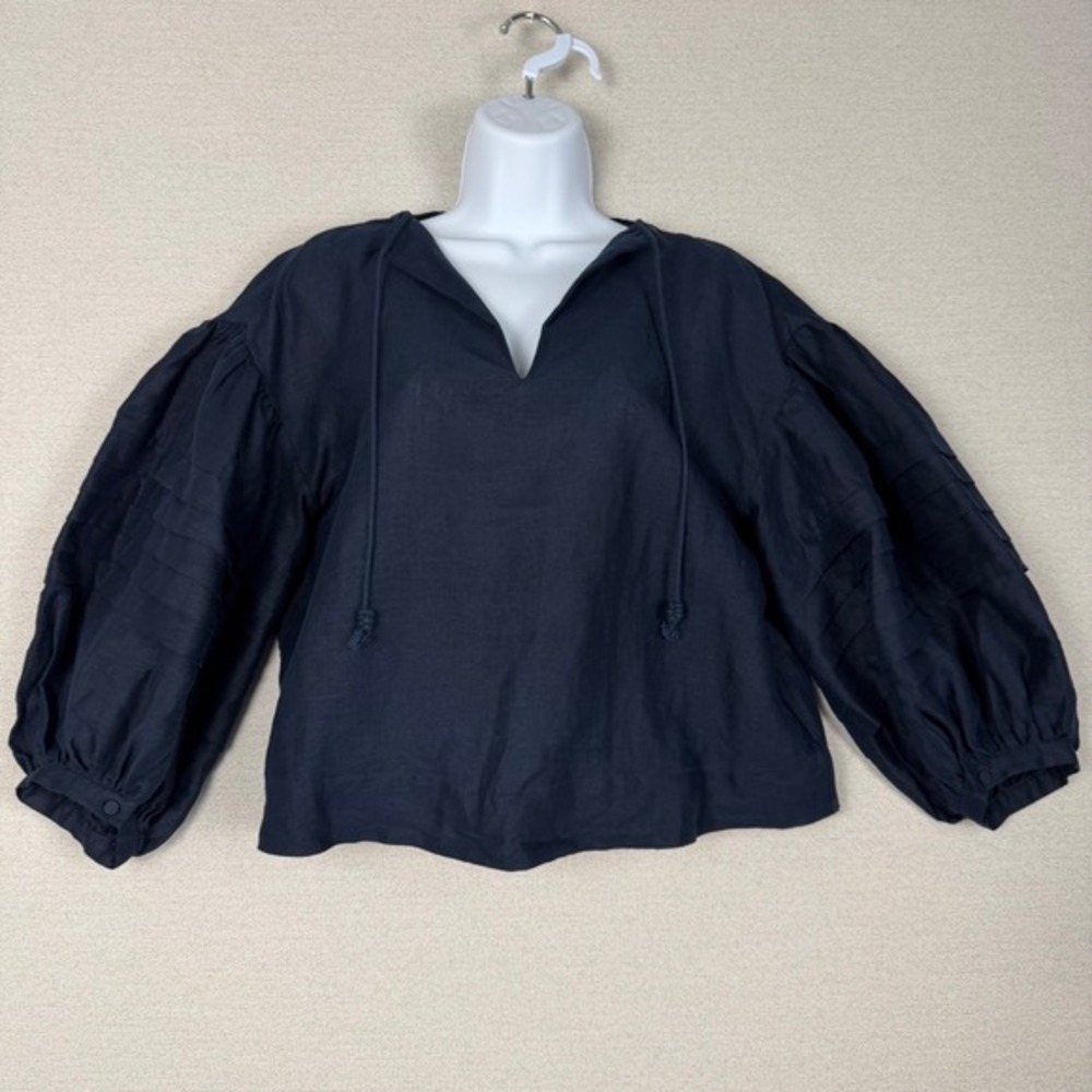 Banana Republic Top Womens XSP‎ Linen Peasant Blouse Navy Blue Balloon Sleeve